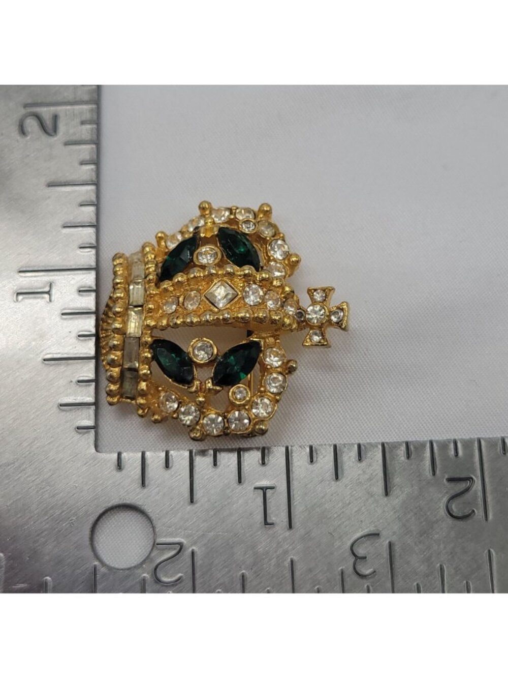 Vtg 50s Bellini Gold-Tone Crown Brooch Pin With Green & Clear Rhinestones Signed - Picture 5 of 10